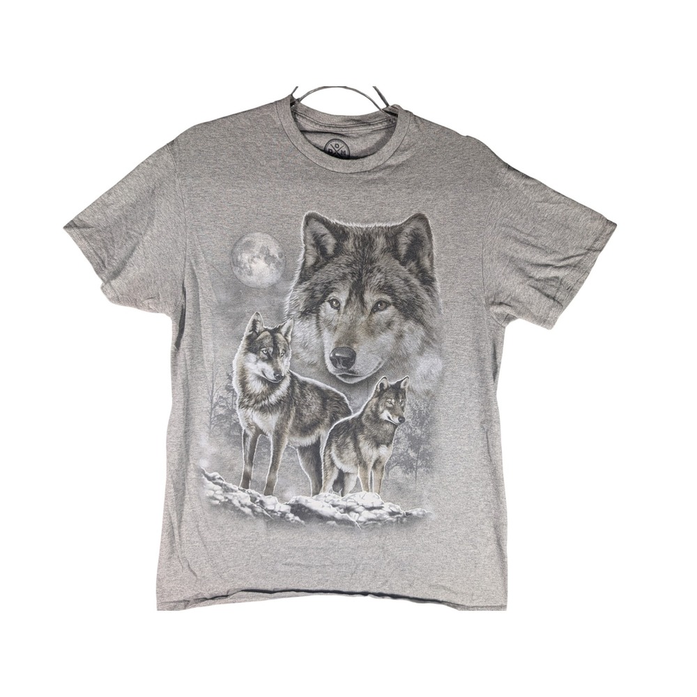 DOM Mens Heather Gray Howling Wolf Pack Moon Wildlife Graphic T-Shirt Medium